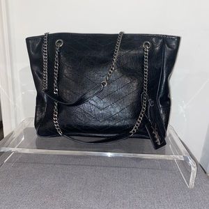 Niki Crinkled Matelasse Black Calfskin Leather Tote